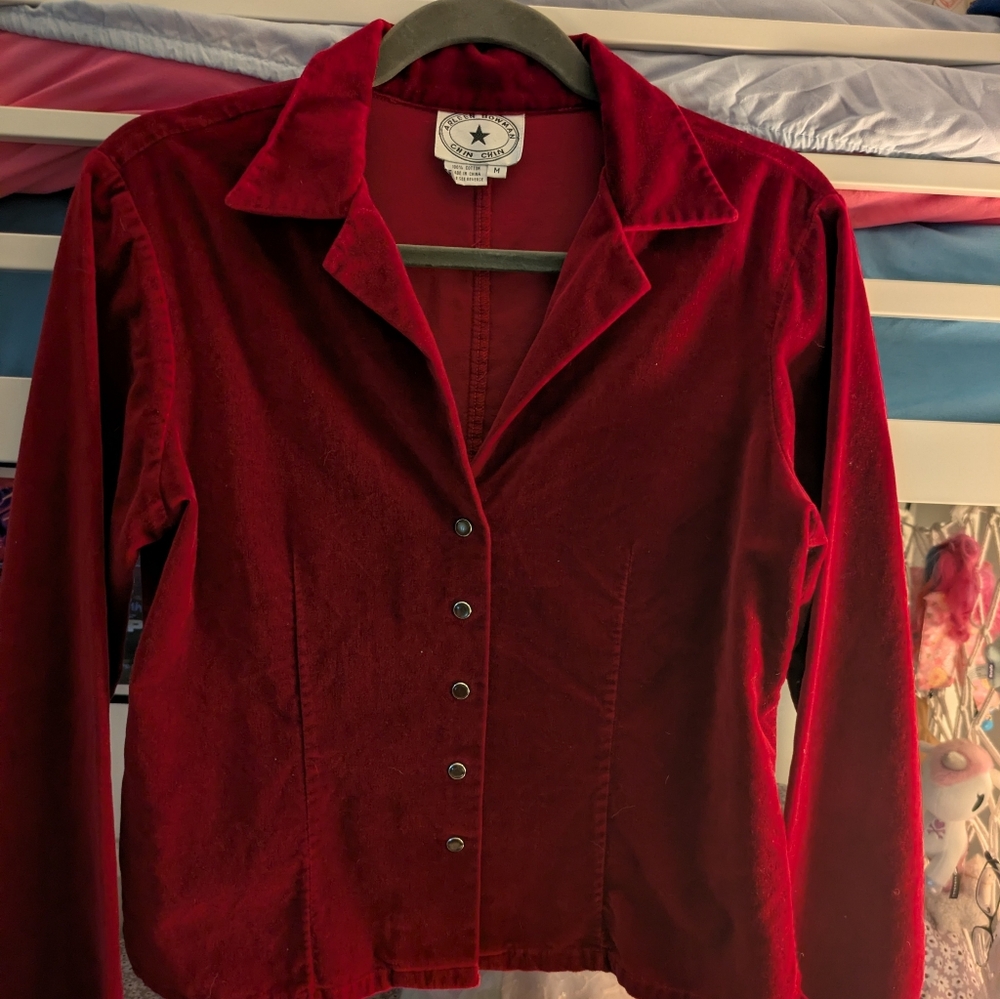 Arleen Bowman chin chin, Velvet Red Button-Up Jacket